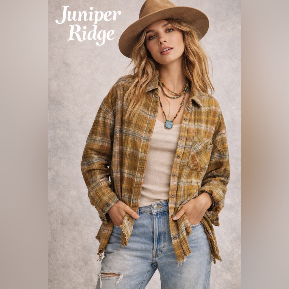 Free People Juniper Ridge Plaid Raw Hem Distressed Boho Grunge Shirt S